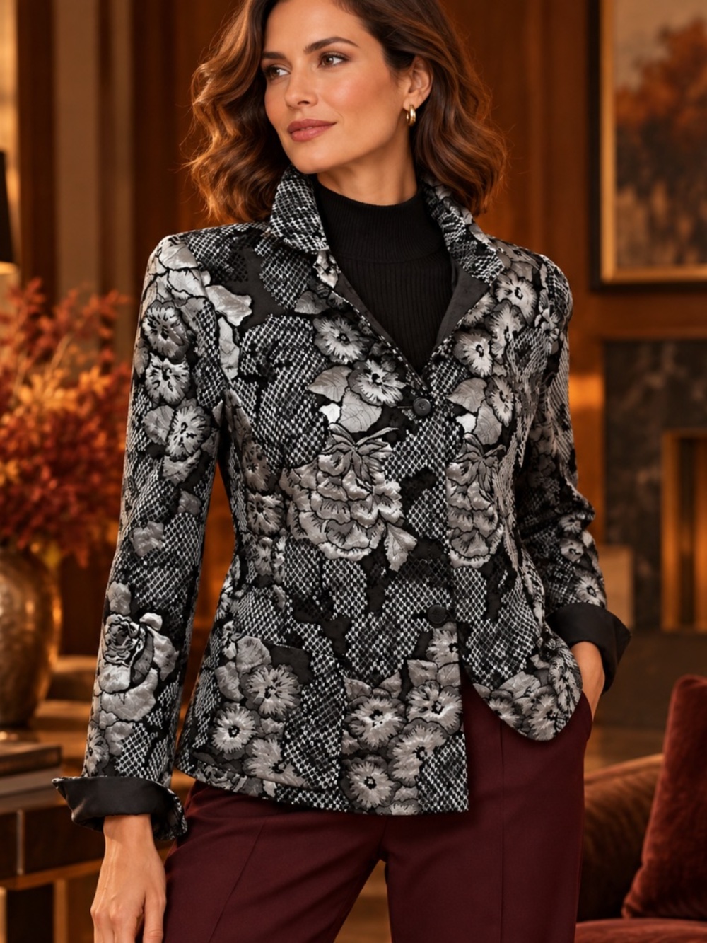Armani Collezioni Black & Ivory Floral Print Jacket Silk linned– Size 8